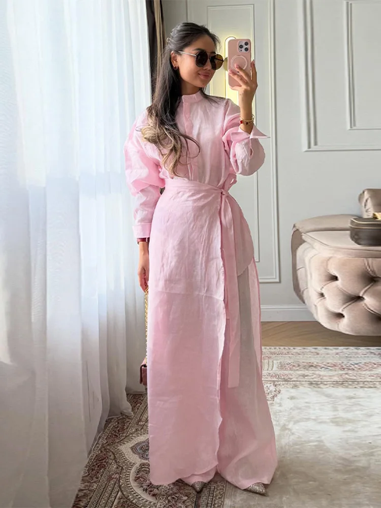 

Casual Shirt Pant Lace Up Skirt Three Piece Set Women 2026 Spring Summer O-neck Long Sleeve Shirts Wide Leg Pants Female Suit