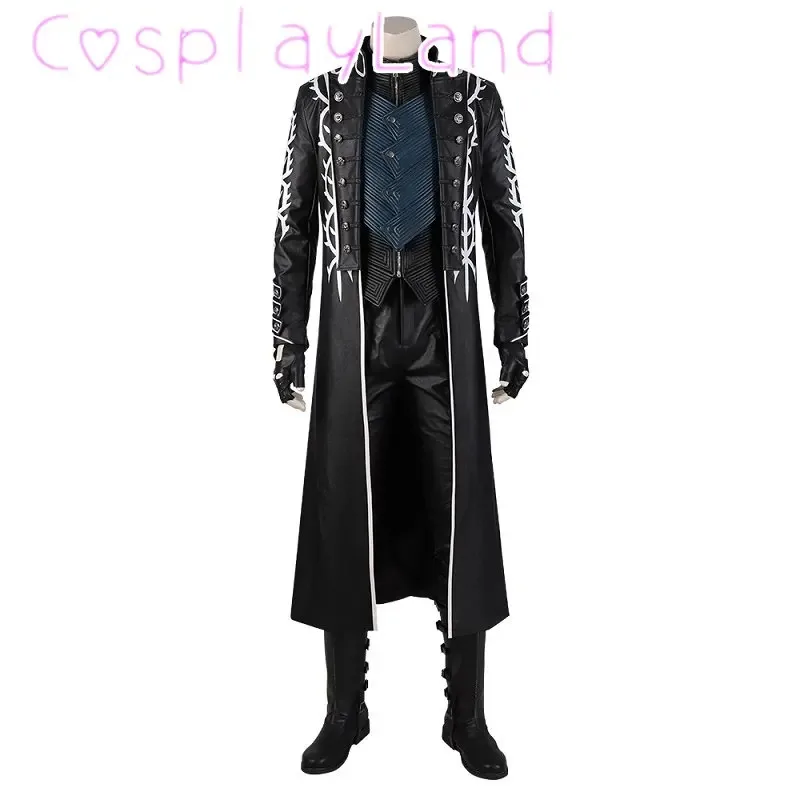 

Hot Game DMC5 Cosplay Vergil Costume Nelo Complete Outfit with Boots Halloween Carnival Men Suit Jacket Vest Custom Made cm;5