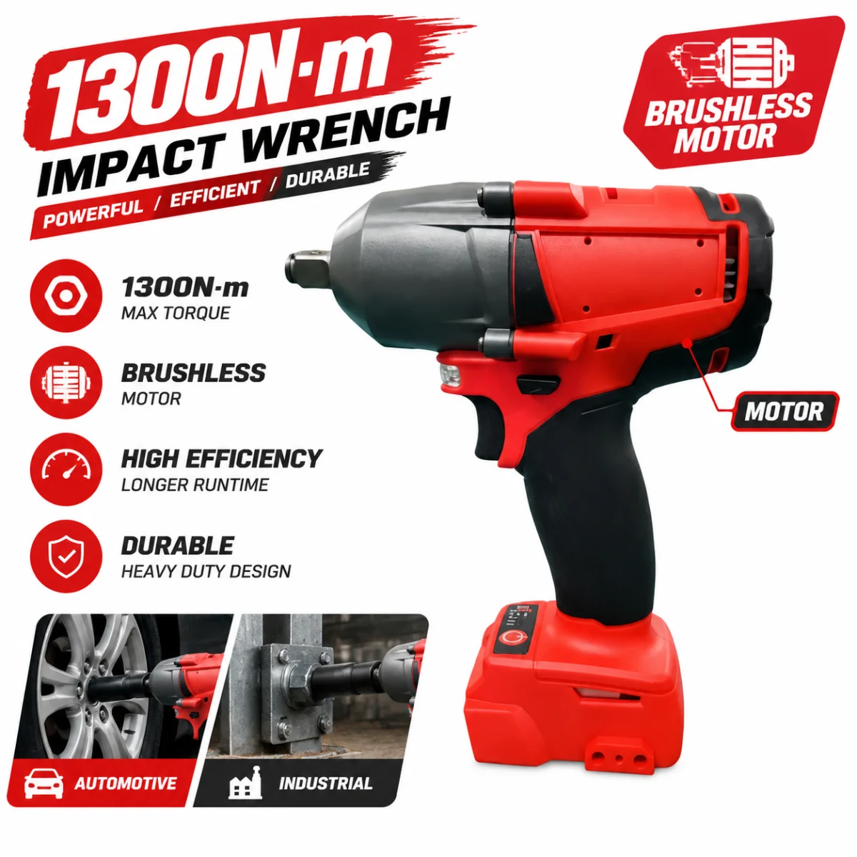 Brushless Cordless 1300Nm HighTorque Electric Wrench Compatible For Milwaukee 18V Lithium‑Ion Battery Power Tool for Tire Change