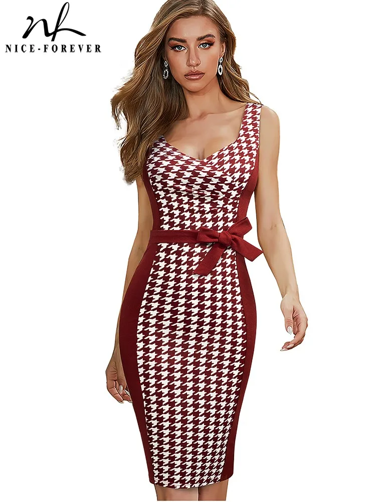 Nice-forever Summer Women Vinatge Contrast Color Patchwork Elegant Dresses Cocktail Party Bodycon Sheath Dress B657