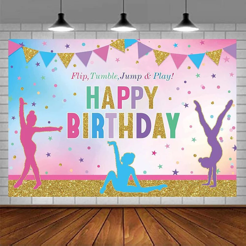 

Photography Backdrop Rainbow Gymnastics Birthday Party For Girl Gymnasts Tumbling Flip Jump Tumble And Play Decor Background