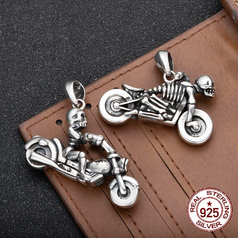 S925 sterling silver pendant skull motorcycle male punk hip-hop soul tank personality street motorcycle pendant