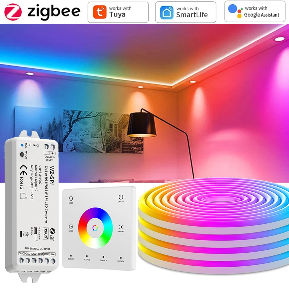 5m 10m Tuya Zigbee Neon RGBIC LED Strip 24V Addressable Dream Color DIY Party Game Room Light RF Touch Remote for Alexa Google