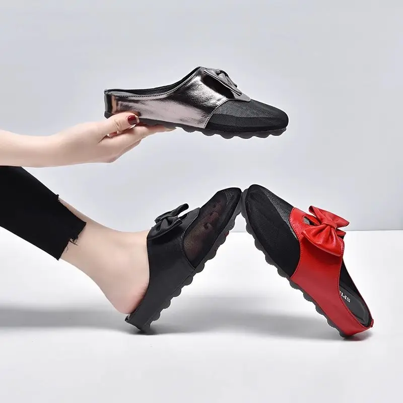 Summer Mesh Bow Slippers 2026 Women Outdoor Soft Bottom Flat Slippers Female Light Comfort Casual Holiday Shoes Cool Sandals