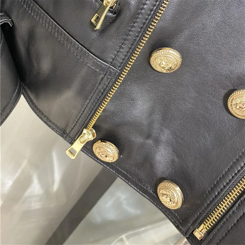 2023 Hot Sale Brand Design Women Autumn Black Genuine Leather Jackets Zipper Basic Coat Double Breasted Sheepskin Motor Biker Ja