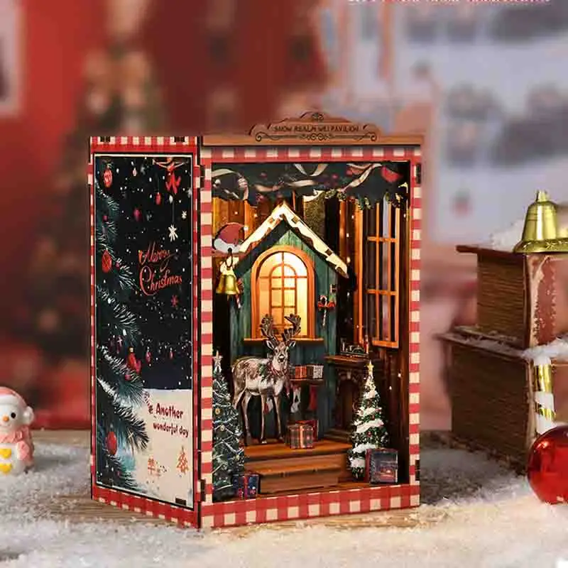 DIY Buchecke Holz Miniatur Modellbausätze Schneereich Wei Pavillon Buchstütze 3D Puzzle Weihnachtsbücherregal für Freunde Geschenke