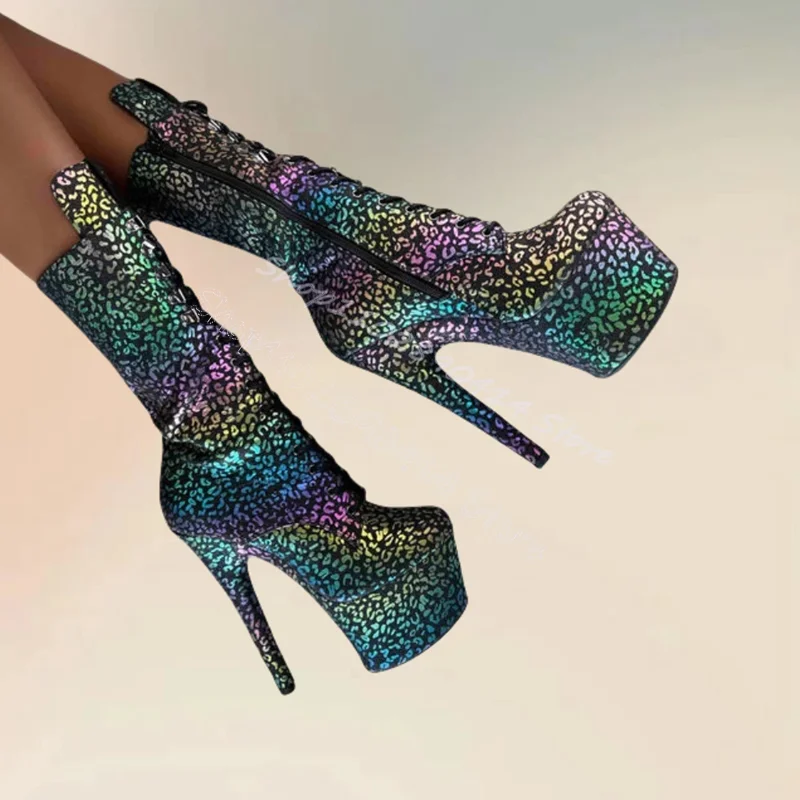 

Colorful Leopard Print Round Toe Platform Boots Side Zipper Women Shoes Thin High Heels Party Banquet 2024 Zapatos Para Mujere