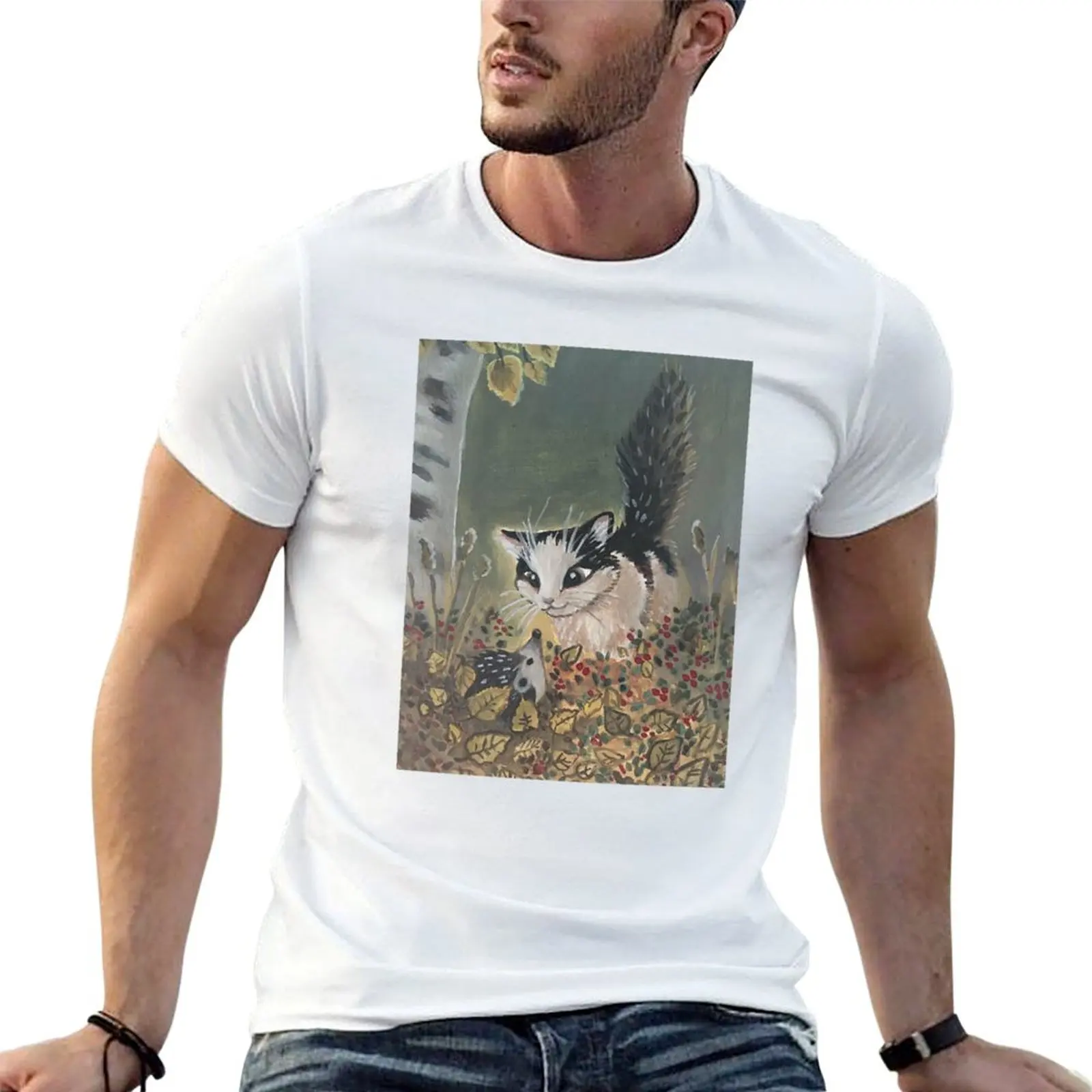 The Cat And The Hedgehog Painting T-Shirt Casual Light Summer Short Sleeve Top
