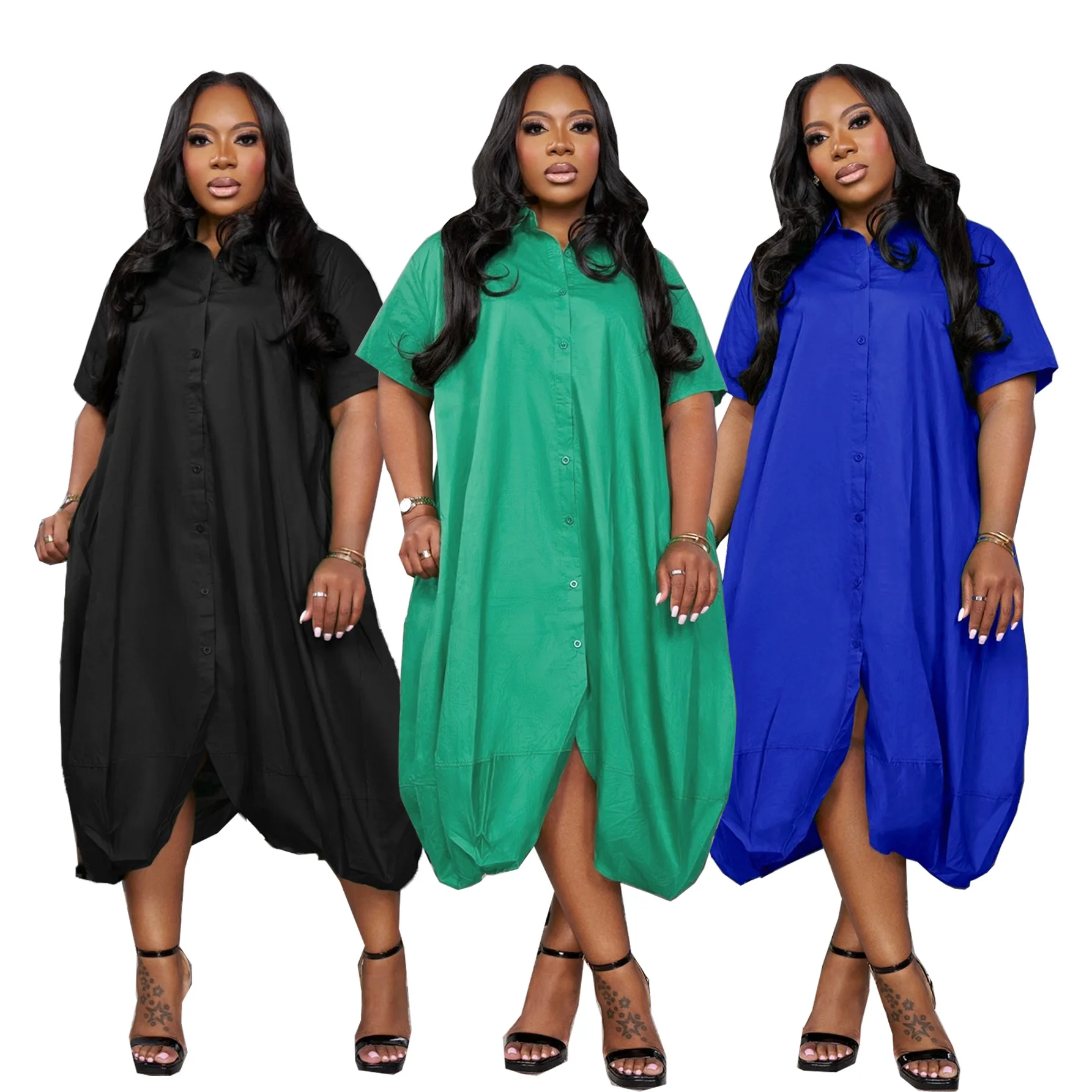 TW650 plus Size Solid Color Cardigan Dress Summer European American Style Loose Fit Short-Sleeved Fashion Commute Dress