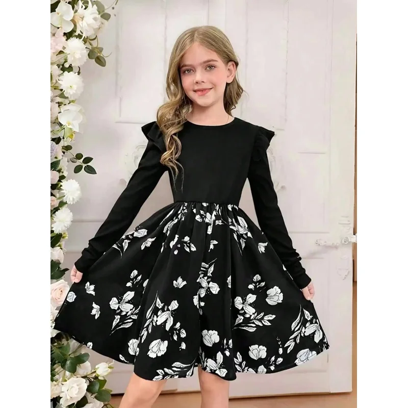 Girl's Casual Long Sleeve round Neck Floral Dress Elegant Black with White Floral Design Popular Style