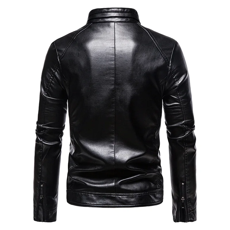 Spring Autumn Men's Motorcycle Leather Jacket Fashion Slim Fit Stand Collar Black Solid Color Windproof Drive Coat Biker Jackets