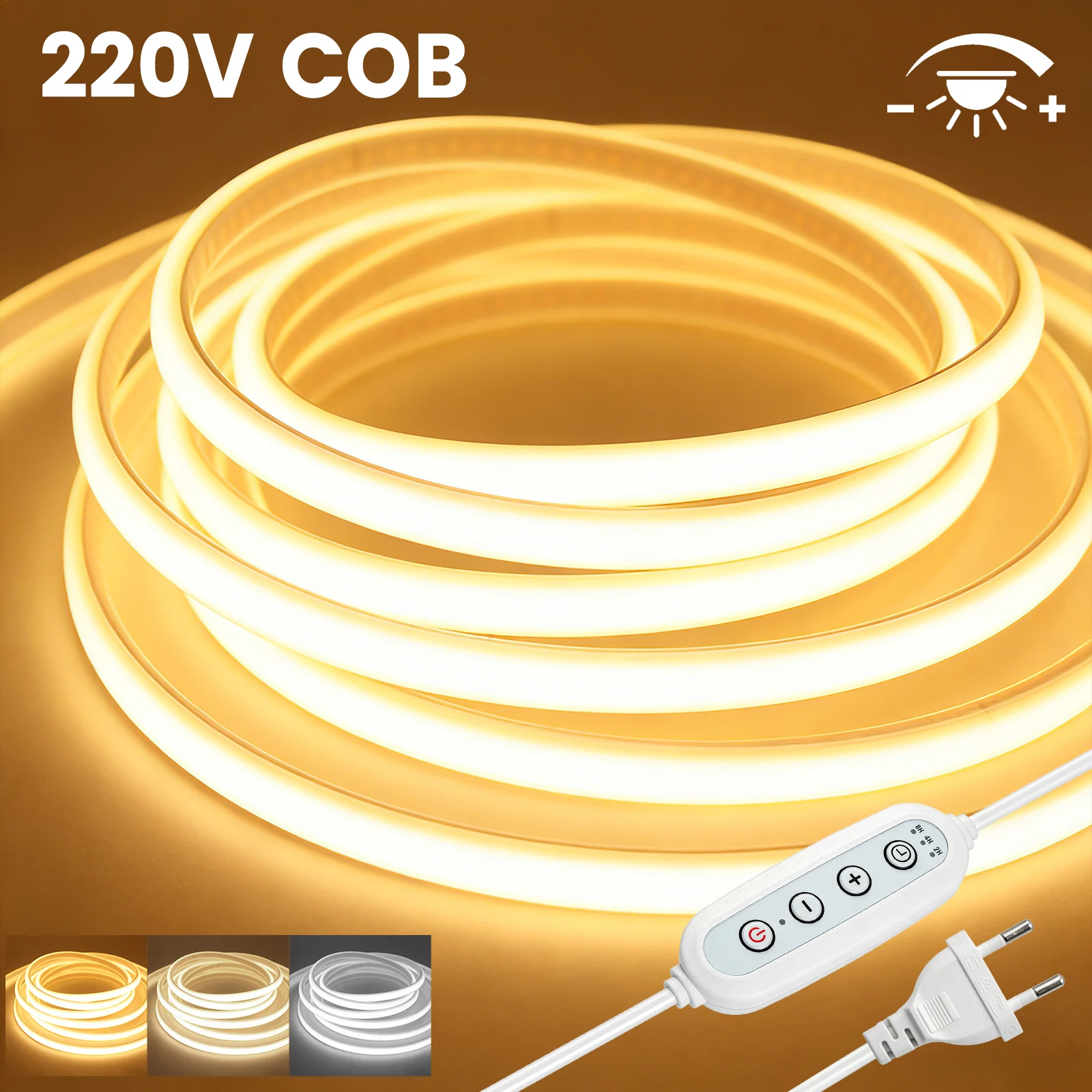 AC220-240V COB Strip LED Neon Light with EU/UK/AU Dimmer Timer Switch Plug IP65 Waterproof Diode Tape Rope RA90 Linear Lighting