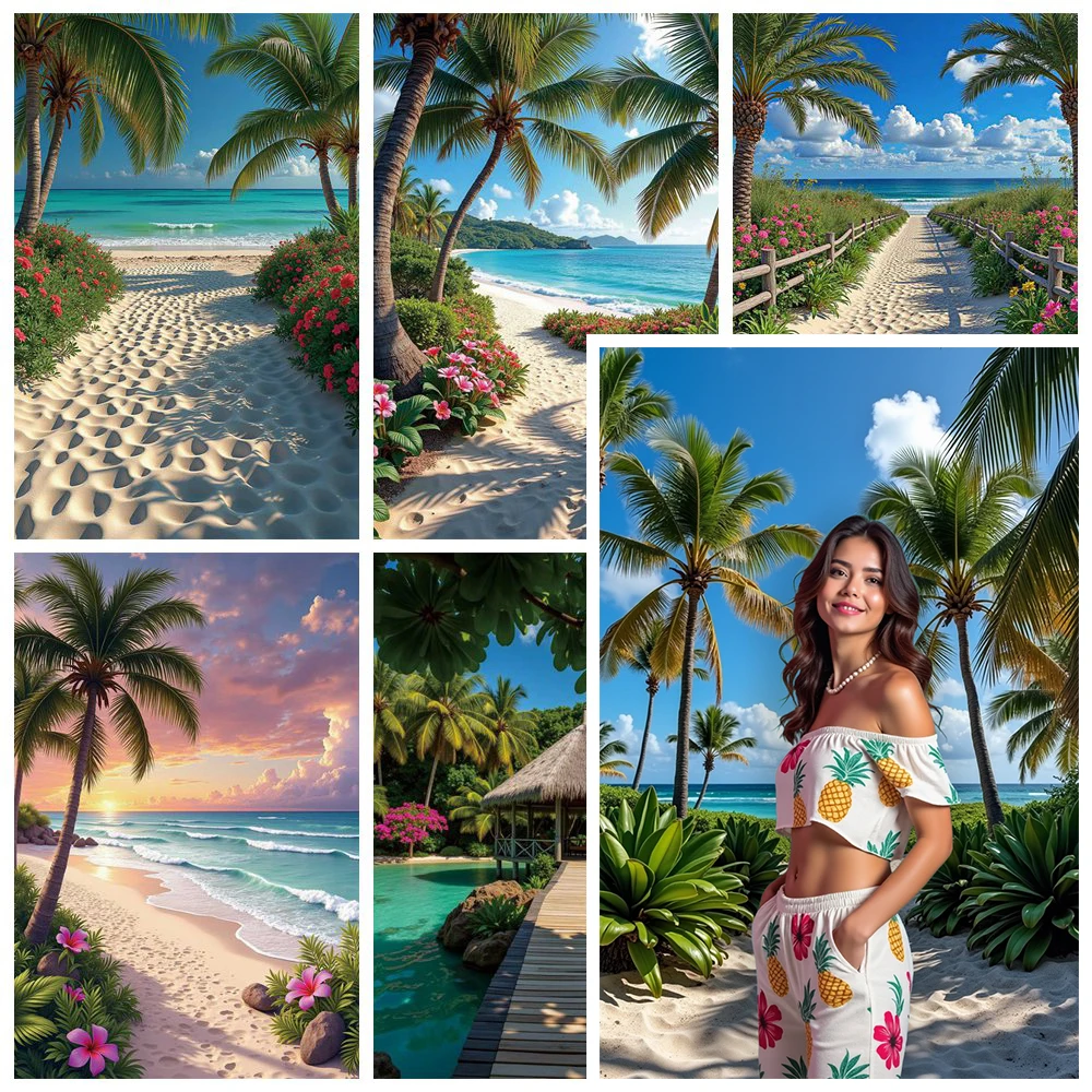 

MOON.QG Tropical Ocean Beach Sand Floor Photography Backdrop Summer Seaside Palm Tree Studio Background Holiday Decor Photozone