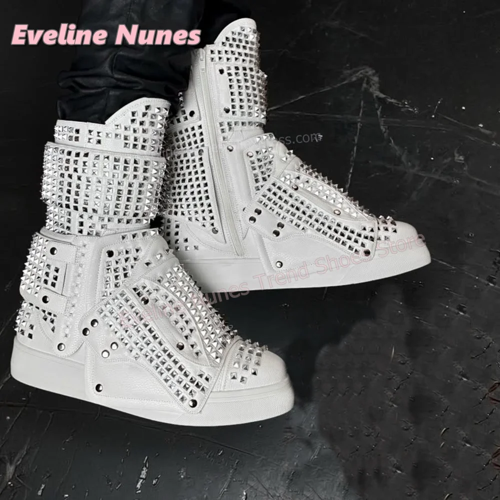 Punk Rock Rivet Studded Ankle Boots Round Toe Thick Sole Hook and Loop High Top Mid Calf Boots Nightclub Street Style Shoes 2026