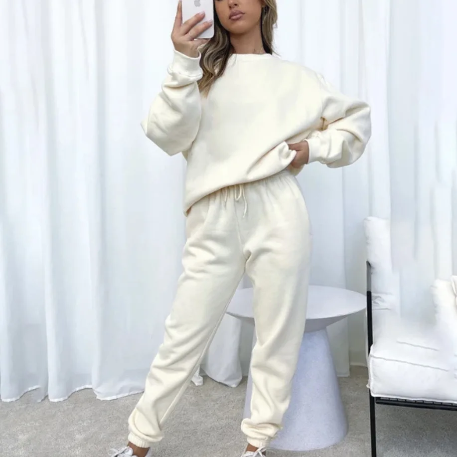 Pantaloni stile sportivo semplice casual Set donna Primavera Autunno Nuovo pullover tinta unita Felpa Pantaloni Set da due pezzi Donna