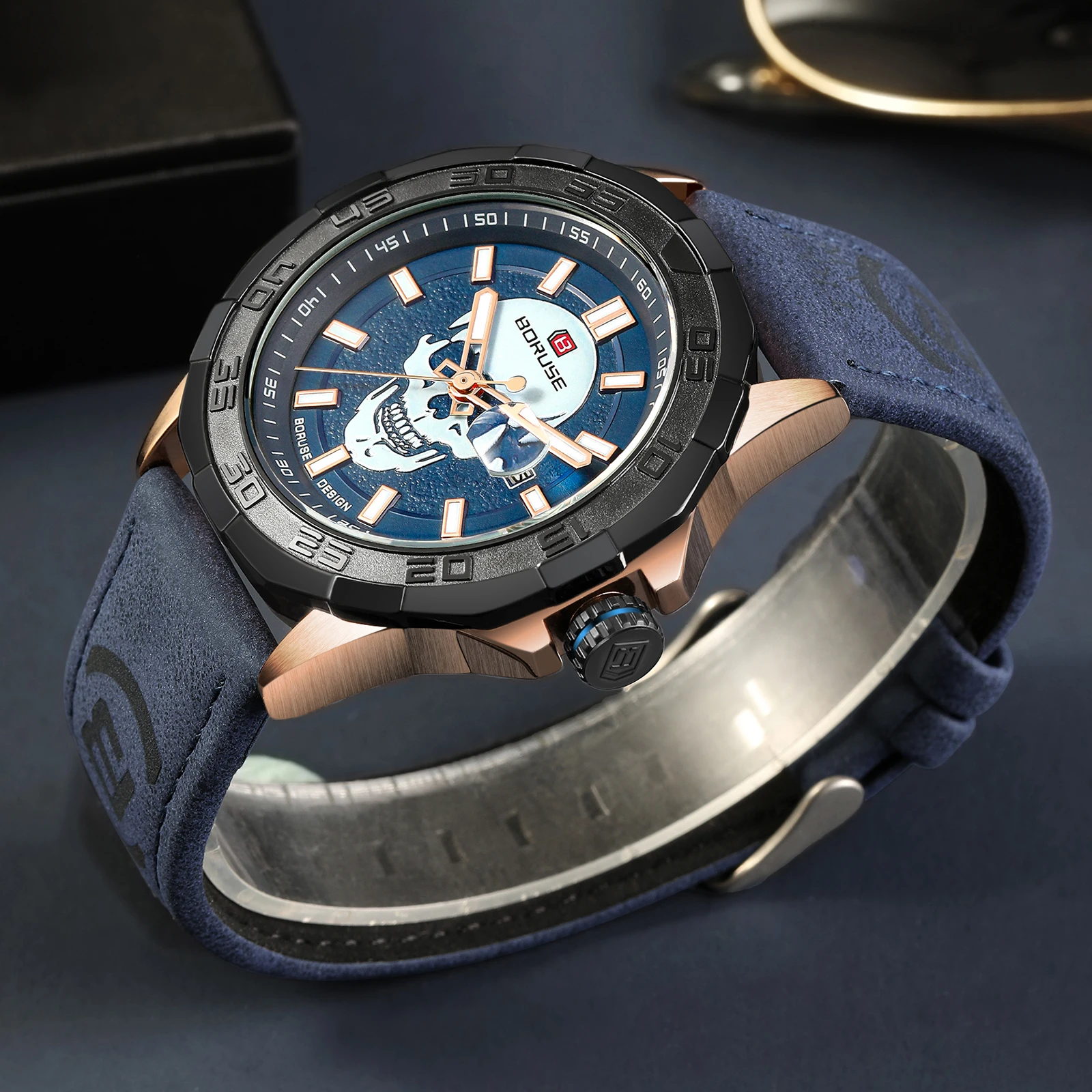 Boruse Heren Blauwe Horloges Mode Multifunctioneel Heren Polshorloge Chronograaf Luxe Quartz Horloge Voor Heren