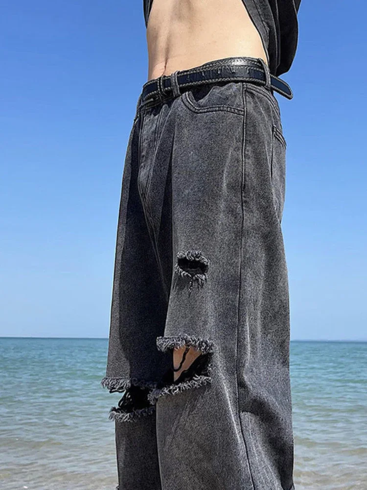 

Trousers Broken Torn Male Cowboy Pants Straight Ripped Jeans for Men with Holes Black Y2k Vintage Aesthetic Winter Stacked