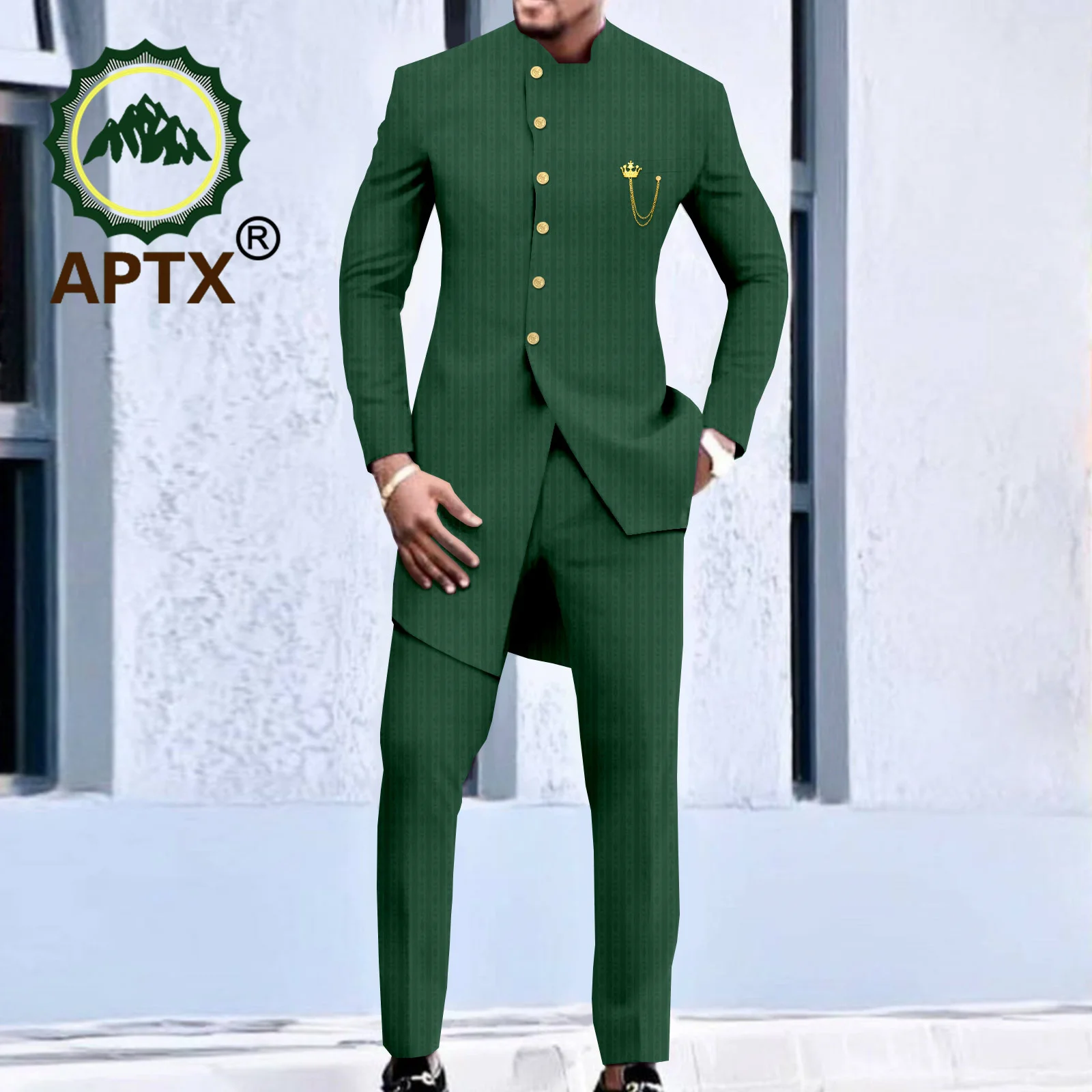 

APTX African Men's Clothing 2 Piece Slim Fit Suit Full Sleeves Top + Long Pants Wedding Groom Wear A2216039