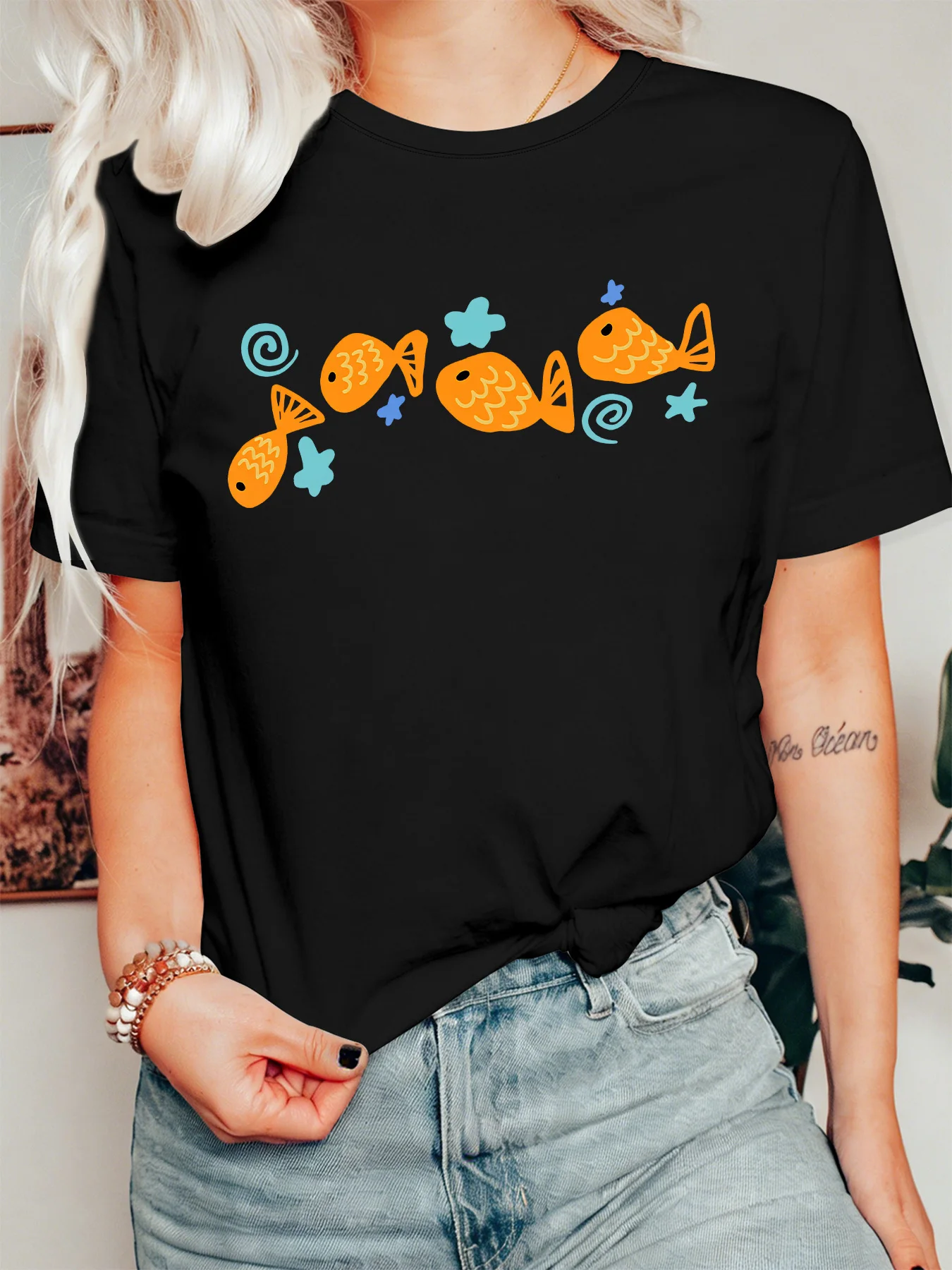 Cute Orange Fish Womens T Shirt Colorful Ocean Sea Creature Cartoon Graphic Tee Short Sleeve Casual Daily Street Ladies Tops