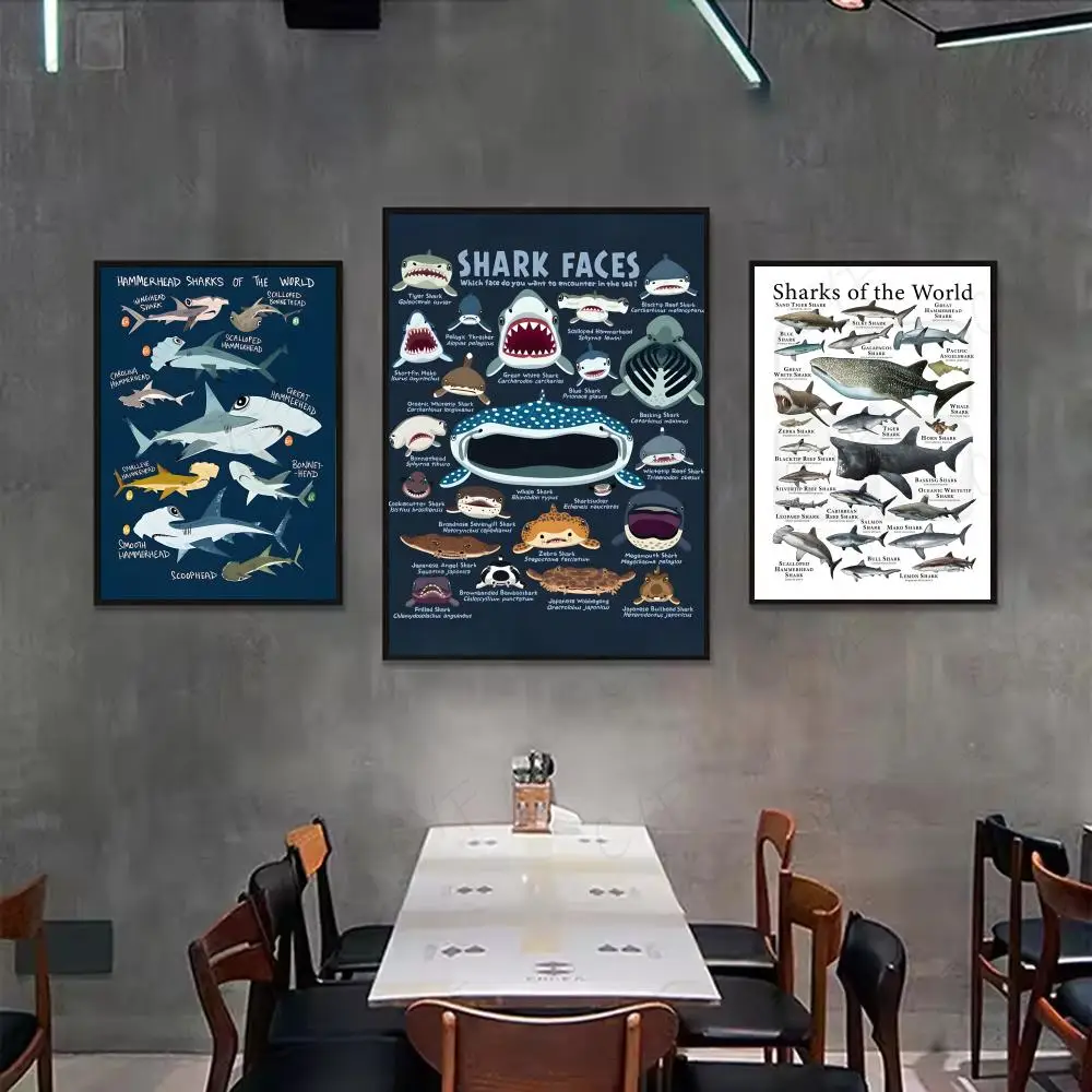 Whale And Shark Ocean Animals Poster HD Cartoon Wall Art Self Stick Removable Poster For Home Living Room