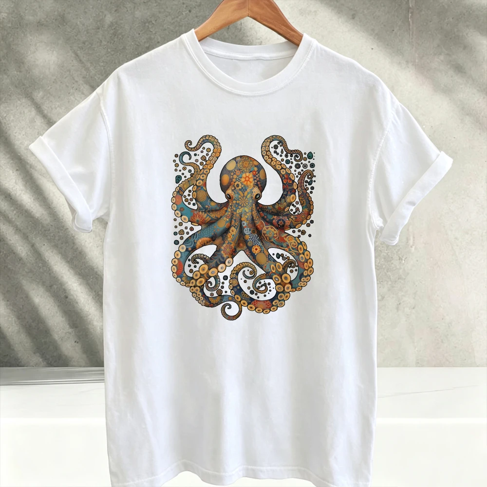Vintage Ornate Colorful Octopus Art Graphic T‑Shirt Bohemian Mandala Ocean Creature Retro Art Print Soft Cotton Casual Tops Tee