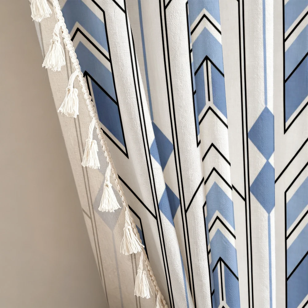 1PC Geometric Tassel Sheer Curtains, Blue White Arrow Chevron, Digital Print, Linen Polyester, Bedroom Living Room, Home Decor