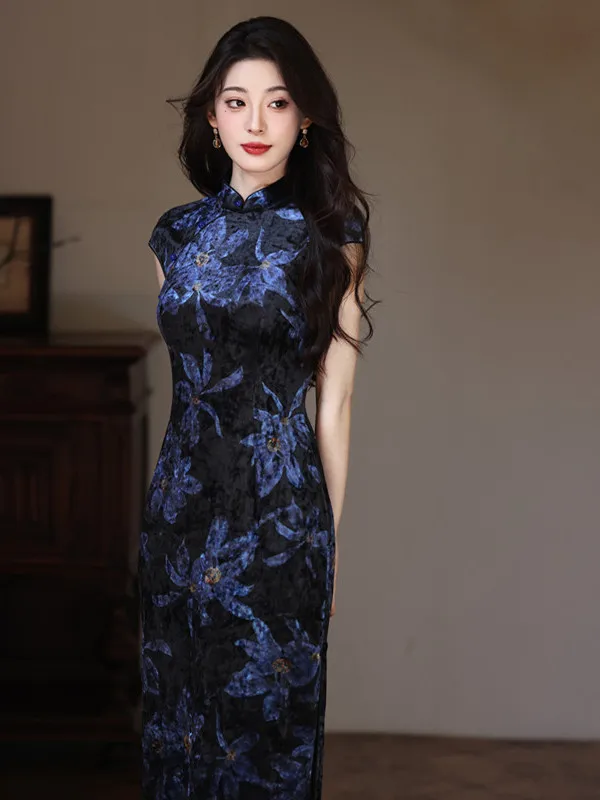 

Ретро-платье-ципао синее, с цветочным узором, из бархата, женское, без рукавов, приталенное, повседневное, модифицированное, эластичное, длинное, дышащее, с низким разрезом, летнее