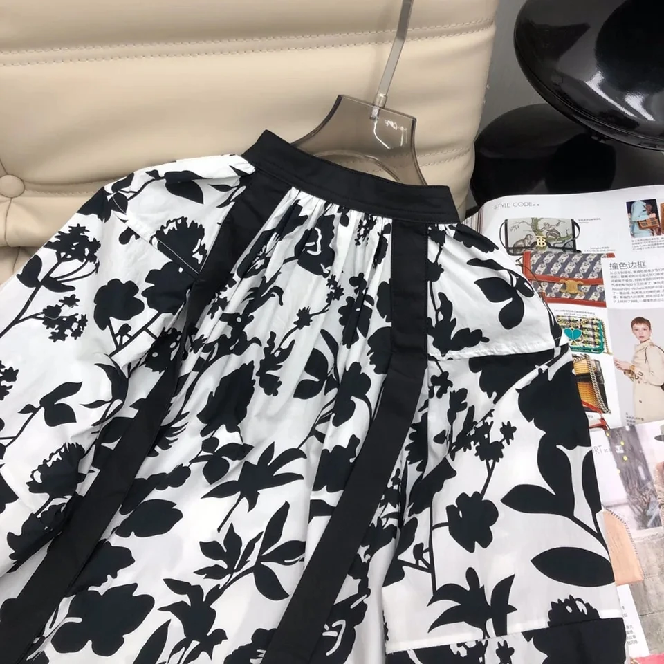 100% cotton 2024 spring women contrast color white black printed blouses long lantern sleeve loose blouses