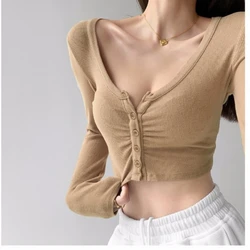 Navel Bottoming Shirt Tight Short Cardigan Large Neckline Solid Color Long-sleeved T-shirt High Waist Slim Knitted Top Sweater