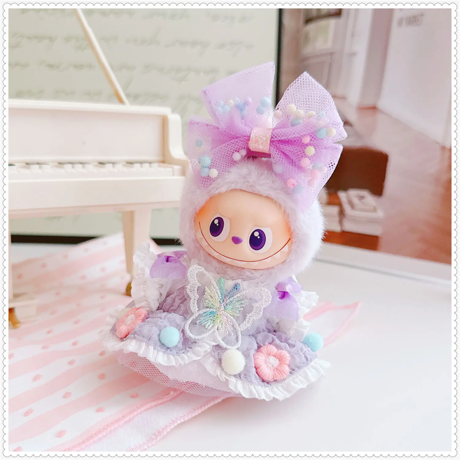 10-17 Cm Kawaii Labubu Kleding Leuke Prachtige Paarse Strik Jurk Set Pluche Pop Kleding Accessoires Speelgoed Anime spel Periferie