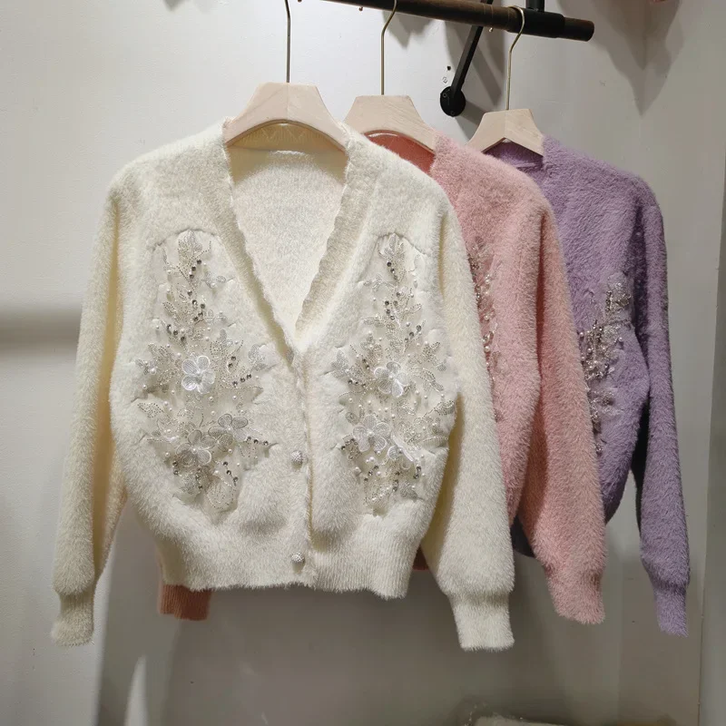 Women Diamonds Beads Flowers Embroidery Sequin Imitation Mink Fur Knitted Cardigan V-neck Mohair Sweater Coat Jacket Autumn Tops