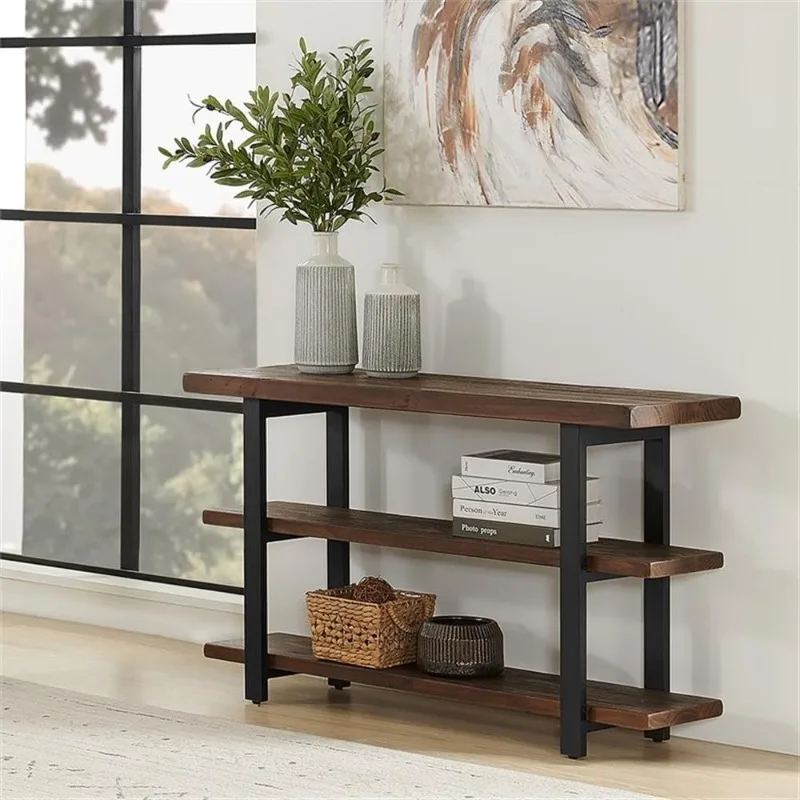 Pomona 48 in. L Solid Pine Solid Wood Media/Console Table w/ 2 Shelves & Metal Legs, Accent Furniture, Home Decor Natural Finish