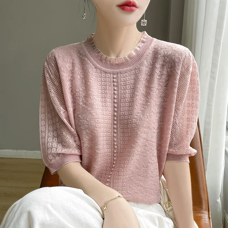 Summer new lace openwork knitted short-sleeved women\'s round neck five-sleeve blouse loose pearl half-sleeve T-shirt