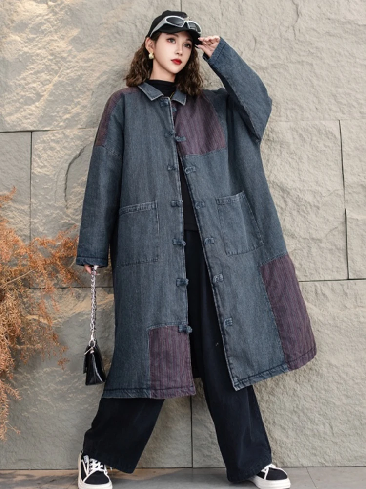 Amax lulue chinês inverno longo parkas das mulheres do vintage moda solta denim acolchoado jaquetas senhoras clássico casual engrossar casacos quentes