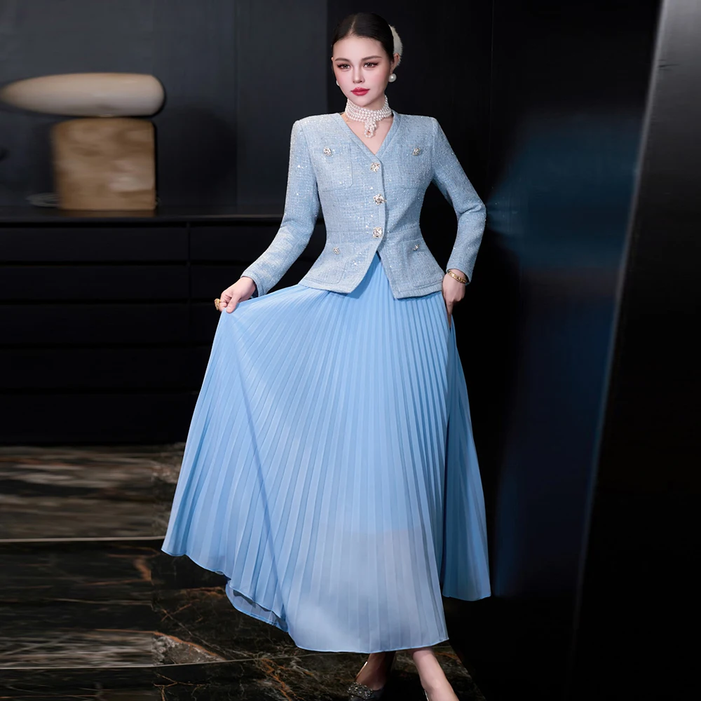 

ZJYT Женский костюм, праздничный наряд для женщин, осень-зима, новый роскошный твидовый пиджак с блестками, юбка, комплект из 2 предметов, платье в тон