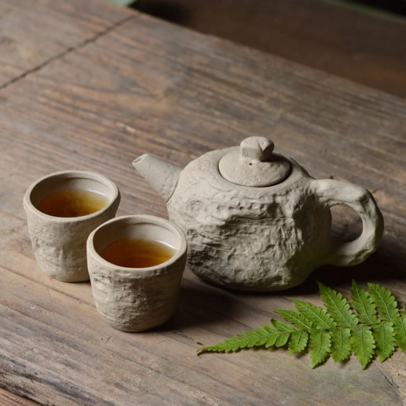 Hard stone imitation stone teapot teacup One Teapot two teacups rock mud rough pottery handmade ceramic tea set tea pot set