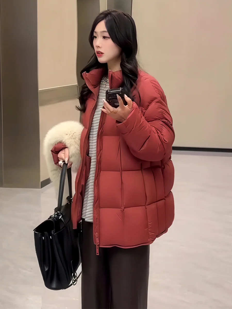 

New National Stand Women's Puffer Jaet Du down Loose Fit Stand Collar Mid-Length Red Outerwear Casual Sle Warmth