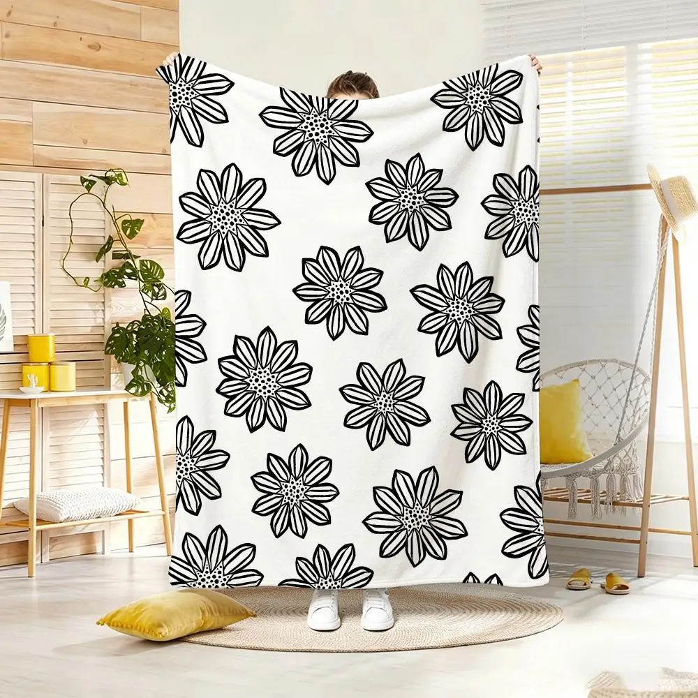 Botanical Seamless B-Black White Linear Throw Soft Warm Throw Blanket for Bedroom Living Room Bed Travel Camping Picnic Gift