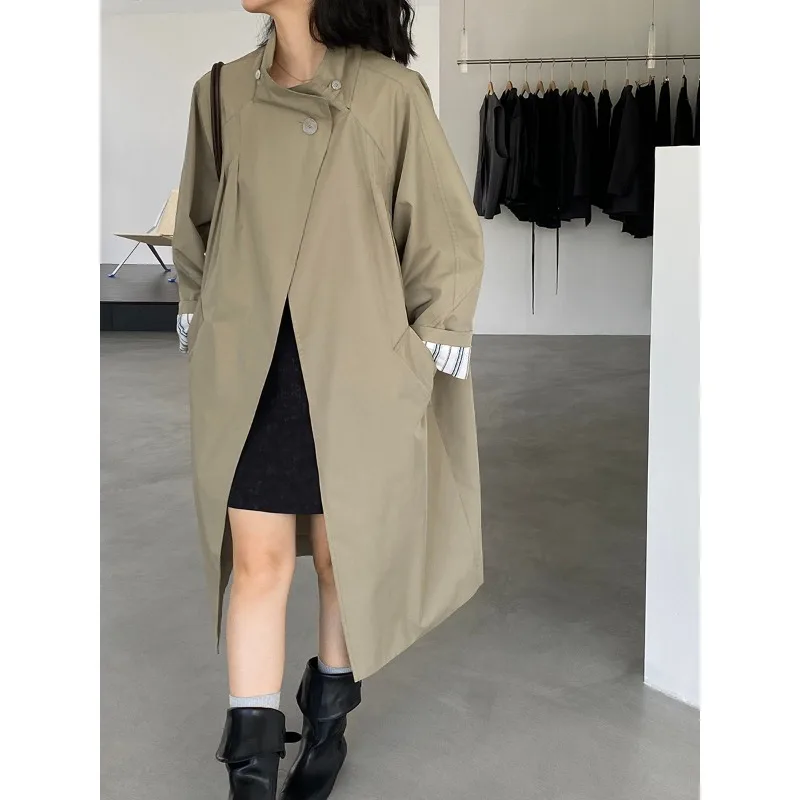 معطف طويل بزر واحد، بلوزة نسائية مخططة كبيرة الحجم ذات طبقات أنيقة