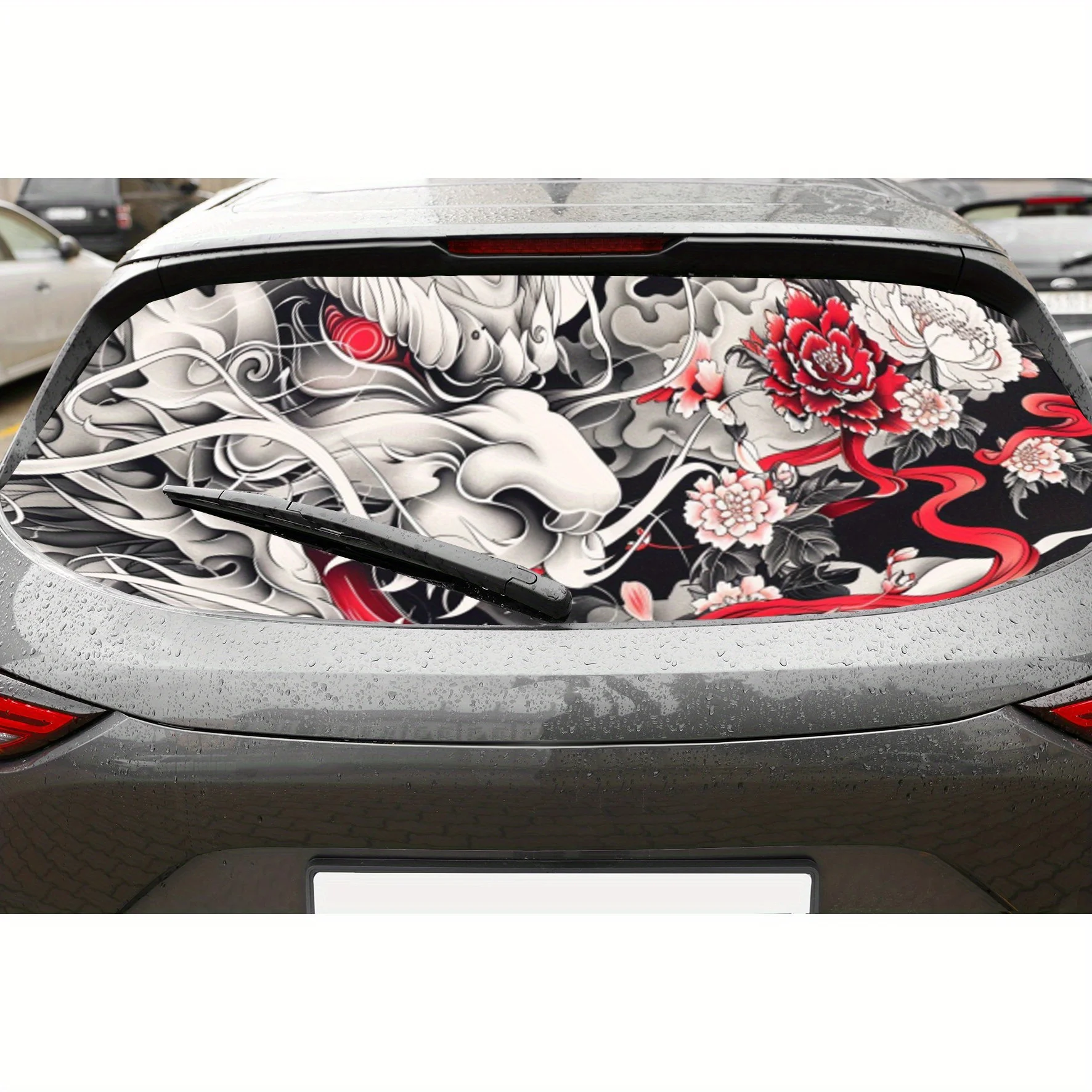 Dominant Dragon and Peony PVC Perforated Car Vinyl Wraps, Privacy Enhancing Design for Rear Window, Car Rear Windshield Sticker