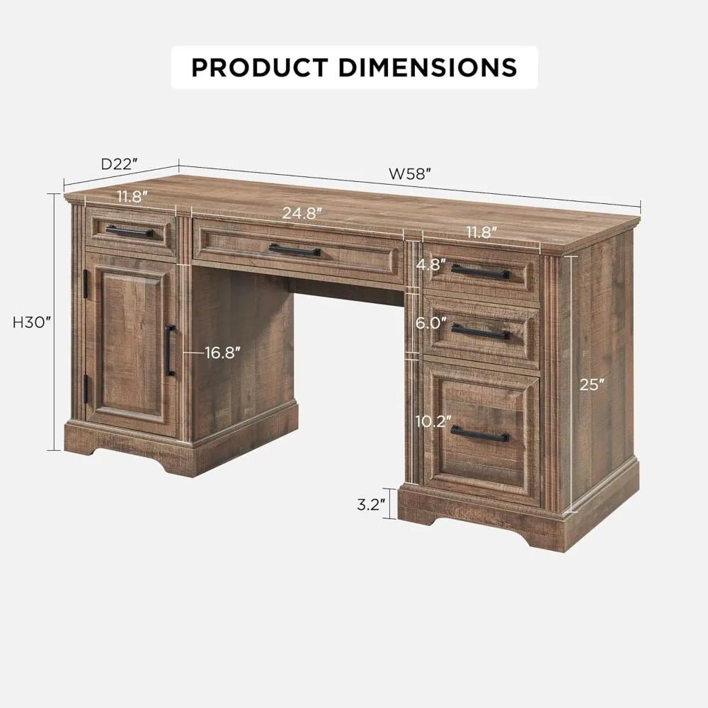 Farmhouse Style Computer Desk with Drawers and Cabinet, Embossed Textured Home Office Desk, Work Study Writing Space