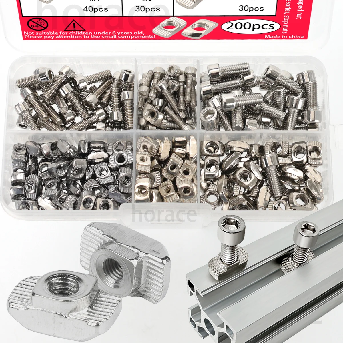 200pcs T-nut and Bolt Set – M3/M4/M5 Carbon Steel Nickel-Plated T-Slot Nuts and Machine Screws, Aluminum Profiles