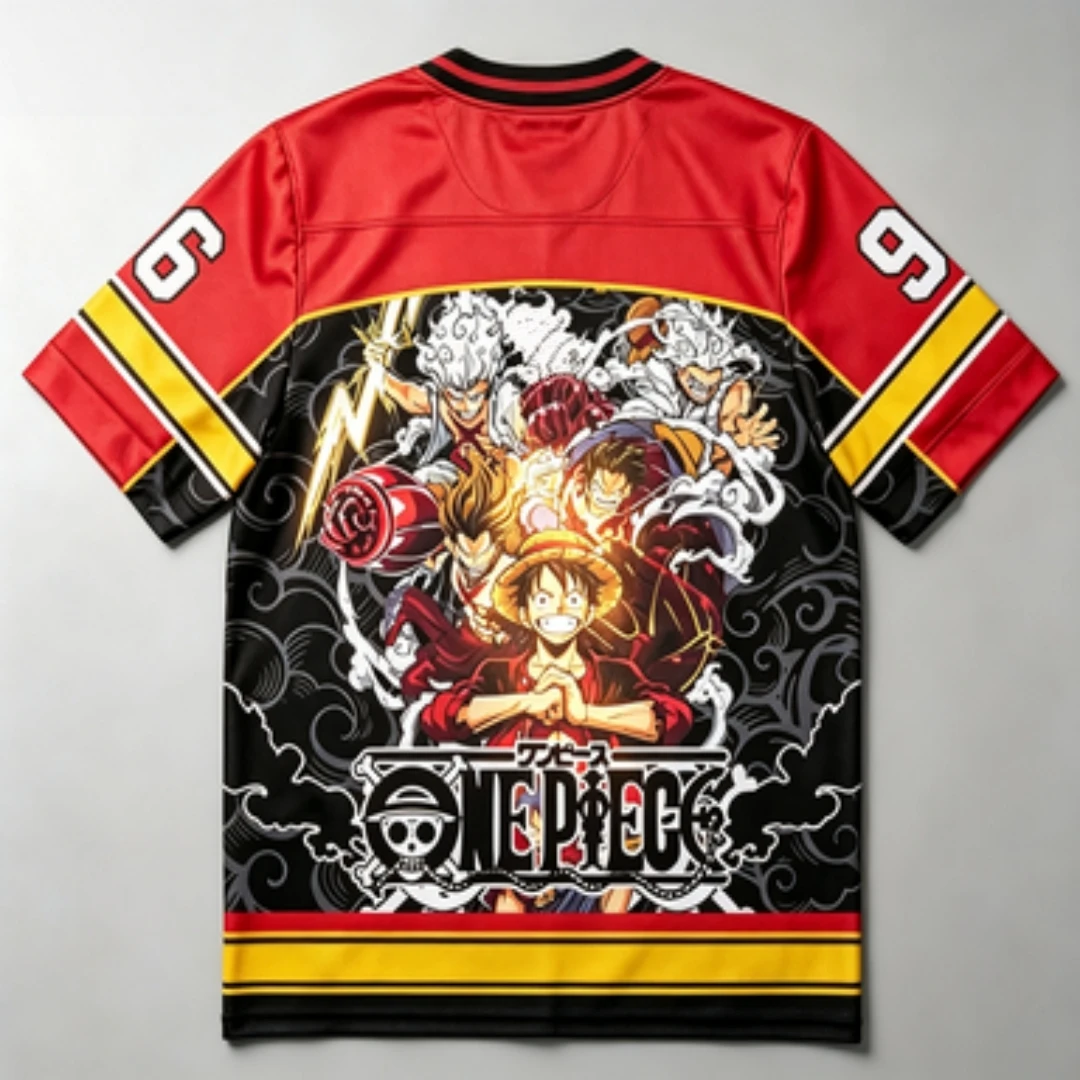 One Piece Luffy Red Black Contrast V-neck Breathable Mesh Anime Luffy Multi Form Group Printed Sports and Leisure Loose Shirt