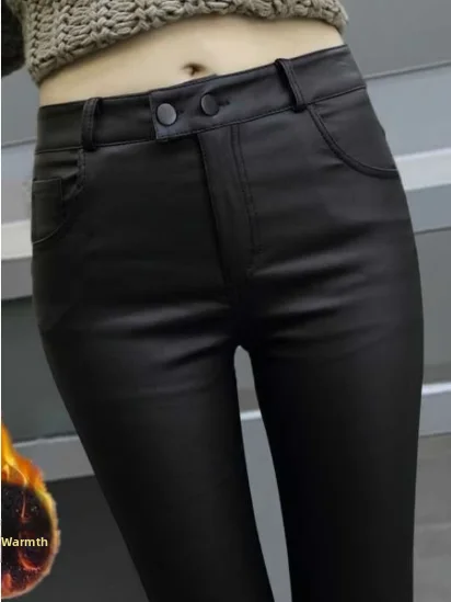 하이 웨이스트 PU 가죽 양털 안감 스키니 팬츠 여성용 베이스 레이어 바지 겉옷 여성용 바지 세련된 겨울 패션