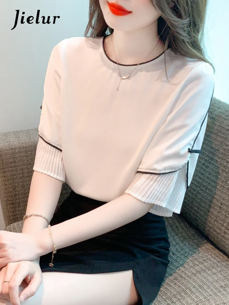 

Jielur Summer New Contrast Color Slim Women Blouse Sweet Elegant Ladies Chicly Blouse Woman Fashion Simple Basic Top Female