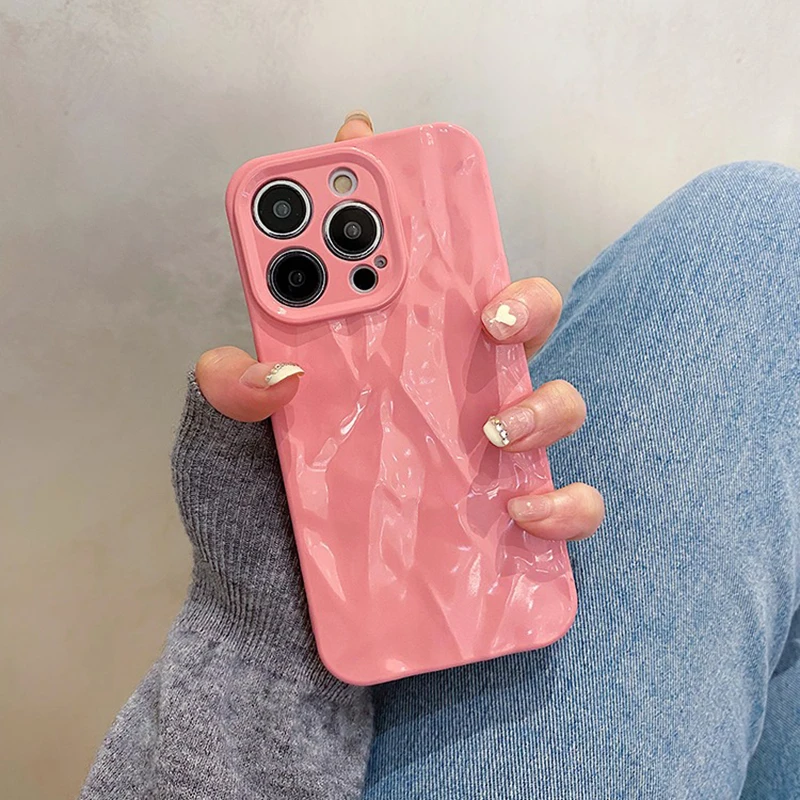 

Luxury Glossy Curvy Wrinkle Soft Phone Case For iPhone 11 12 13 14 15 16 Pro Max 15 Plus Candy Color Shockproof Back Cover
