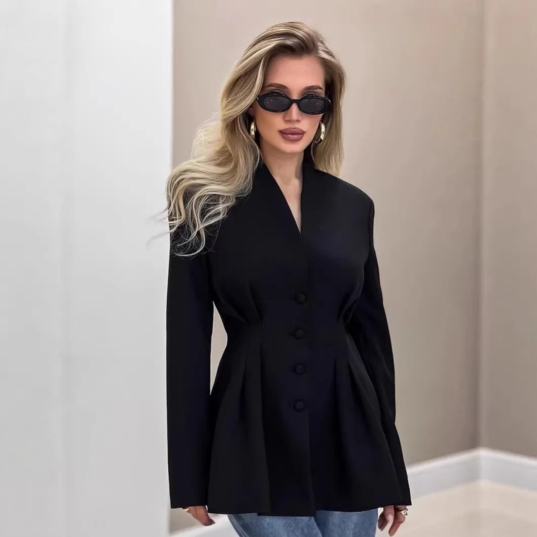 Corset Waist Black Blazer Women Sexy Collarless Slim Fit Pleated Suit Jacket Chic Office Lady Elegant Hourglass Blazers Outwear