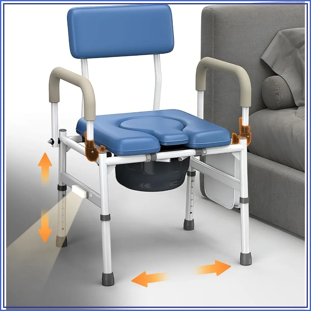 Extra Wide Drop Arm Bedside Commode, 400 lbs Capacity with Night Light & Padded Seat, Adjustable Portable Toilet for Seniors, 6.3QT Bucket