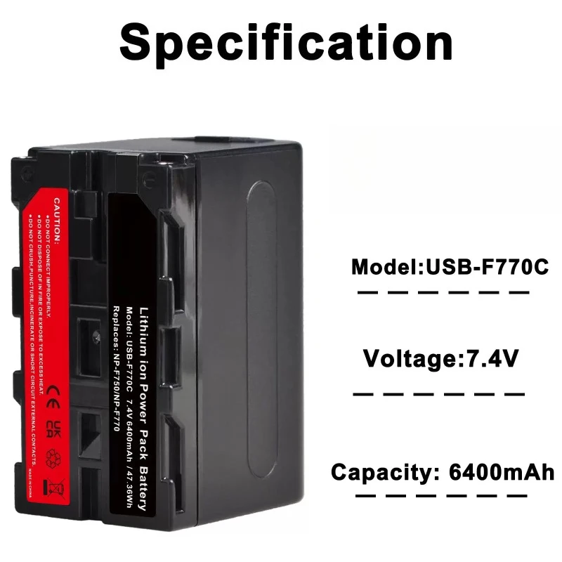 6400mAh NP-F750 NP-F770 Battery with LED Power Indicator High Capacity Long-Lasting Durable Rechargeable Digital Camera Battery