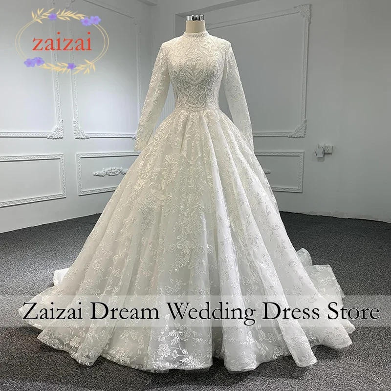 Maßgeschneiderte muslimische Brautkleider, Ballkleid mit Spitzenrücken, Schnürung, Perlenbesatz, Brautkleider mit Schleppe, lange Ärmel, Vestido De Novia